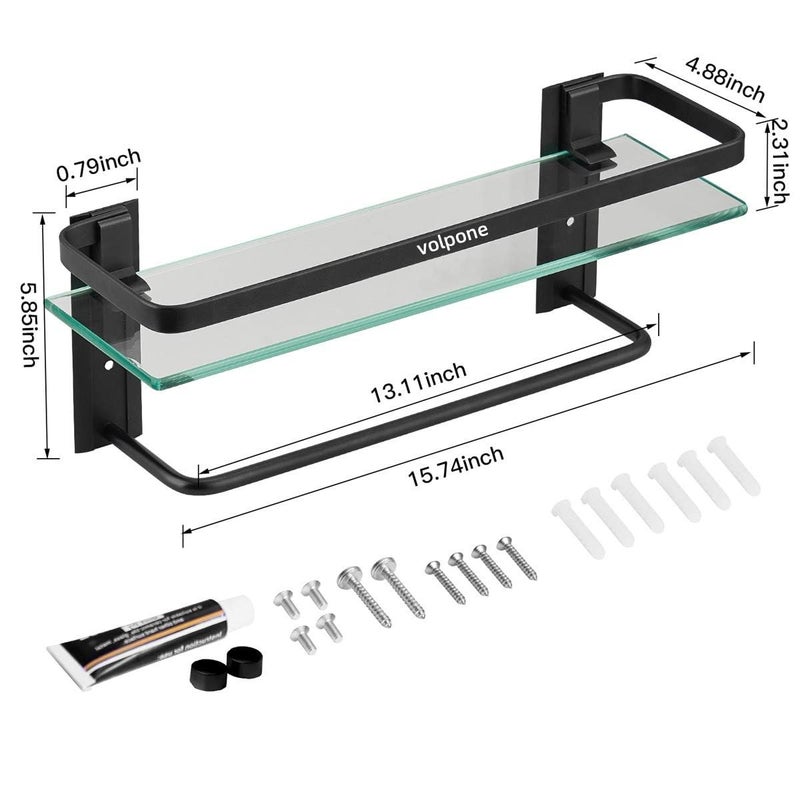 VOLPONE Bathroom Glass Shelf with Towel Bar Black Bathroom Shelf Wall Mount Rustproof Bathroom Wall Organizer Towel Rails1 Tier (Black) - Image 5